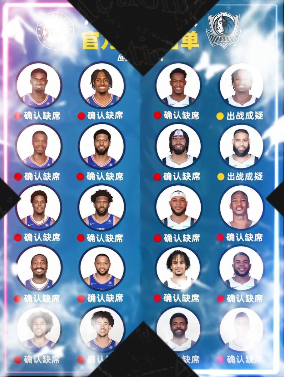 放眼NBA歷史也是相當(dāng)炸裂！76人打獨(dú)行俠，兩隊(duì)的傷病名單多達(dá)20個(gè)人！