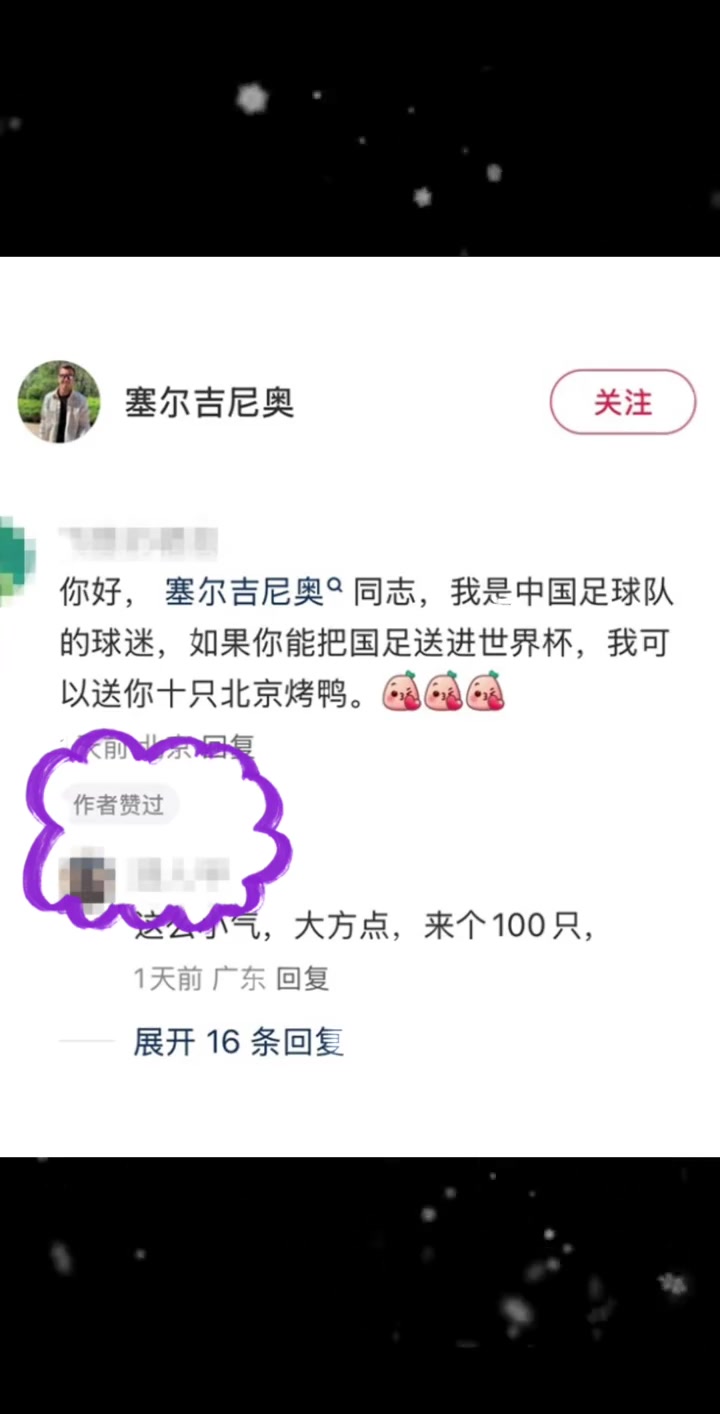 網(wǎng)友評論“帶國足進(jìn)世界杯，送十只北京烤鴨”，塞鳥本人點(diǎn)贊