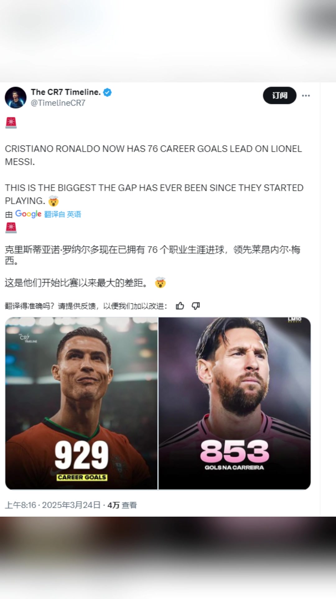 C羅粉絲博主：C羅76球領先梅西，這是他們比賽以來最大的差距